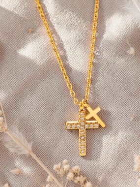 Only Silver Left -Double Cross Necklace with Crystal Accents - Women Jewelry
